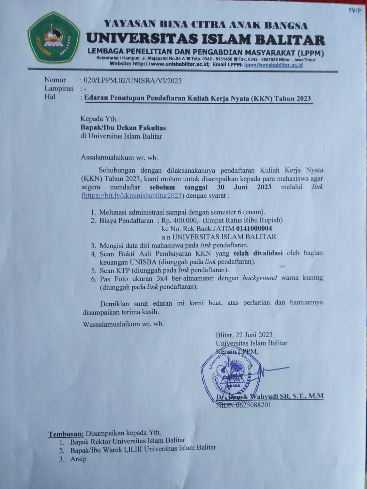 Edaran Penutupan Pendaftaran Kuliah Kerja Nyata (KKN) Tahun 2023