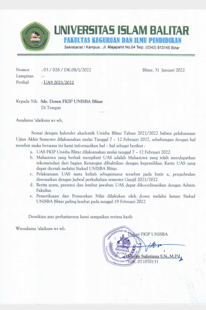 Edaran Pelaksanaan UAS 2021/2022 FKIP/PPKn