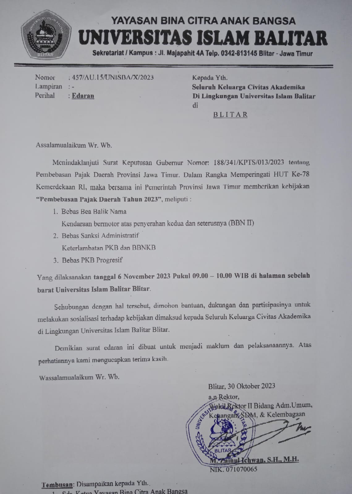 Edaran Pembebasan Pajak Daerah Tahun 2023 Dalam Rangka Memperingati HUT Ke-78 Kemerdekaan RI Bersama Pemerintahan Provinsi Jawa Timur